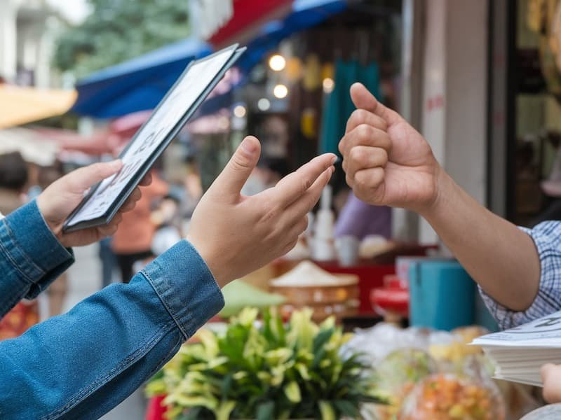 Proper hand gestures for ordering food at Hanoi street food stalls