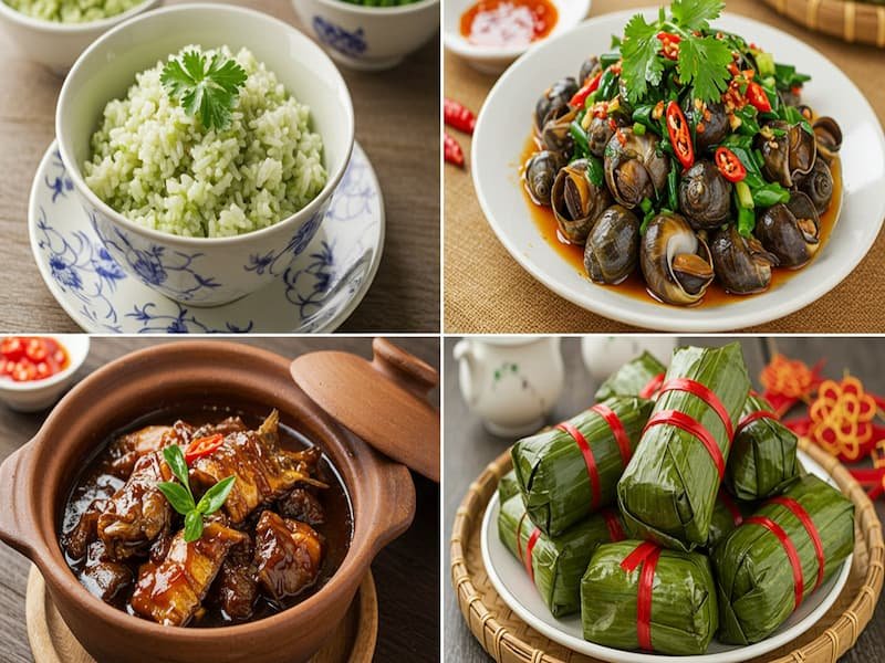 Seasonal specialties from Hanoi including green rice, snails, caramelized fish, and sticky rice cake