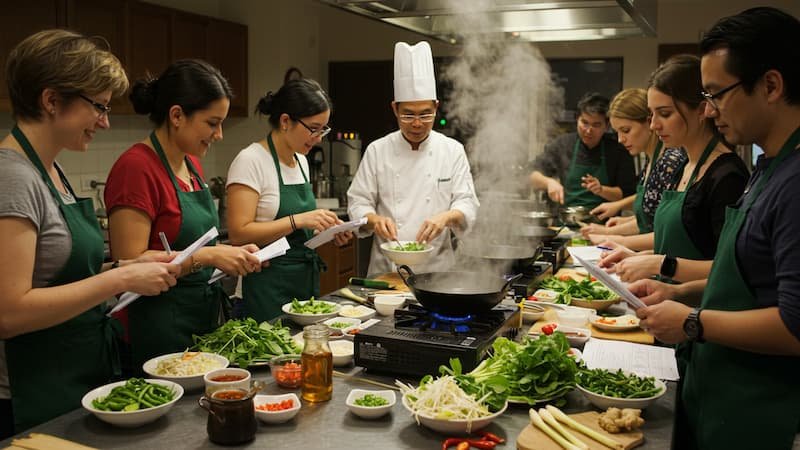 Tourists learning to prepare vegetarian Vietnamese dishes in a Hanoi cooking class
