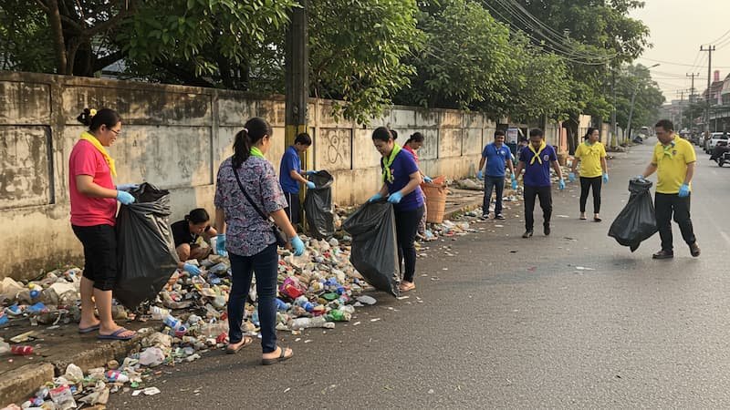 Local cleanup initiative collecting plastic waste after water festival celebrations