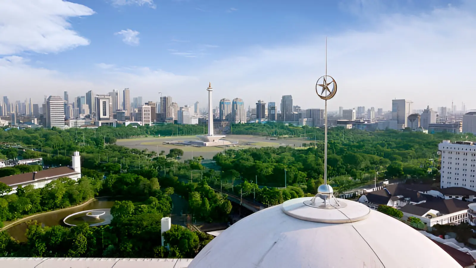 Jakarta's icons: Istiqlal Mosque and Monas framed by the city skyline.