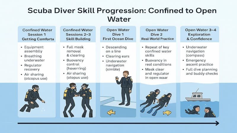 Infographic showing progression of beginner scuba diving Philippines skills and experiences