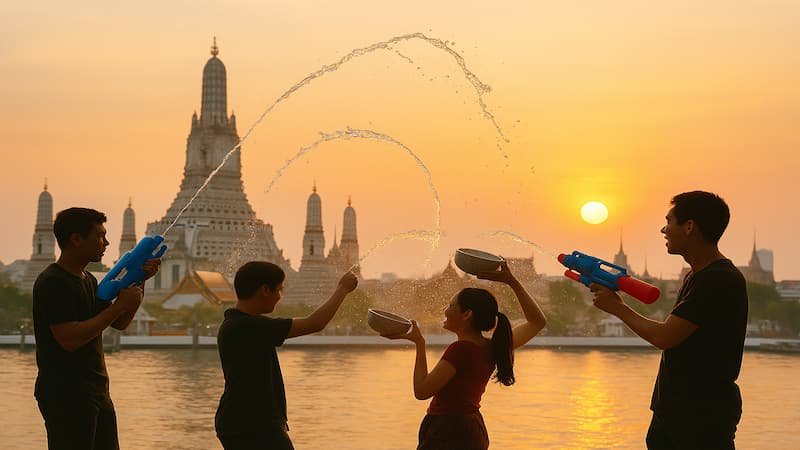Sunset celebration during Songkran festival in Bangkok