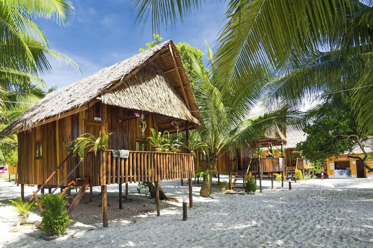 Traditional palm-thatched beach bungalows on Koh Rong's white sand beach offering budget accommodations from $15-25 per night, significantly undercutting similar beachfront options on Thai islands that cost $45-70