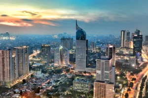 Jakarta’s golden hour: a city skyline bathed in sunset light