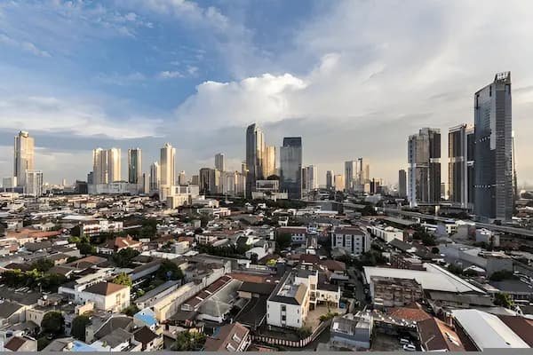 Jakarta modern skyline at sunset with skyscrapers