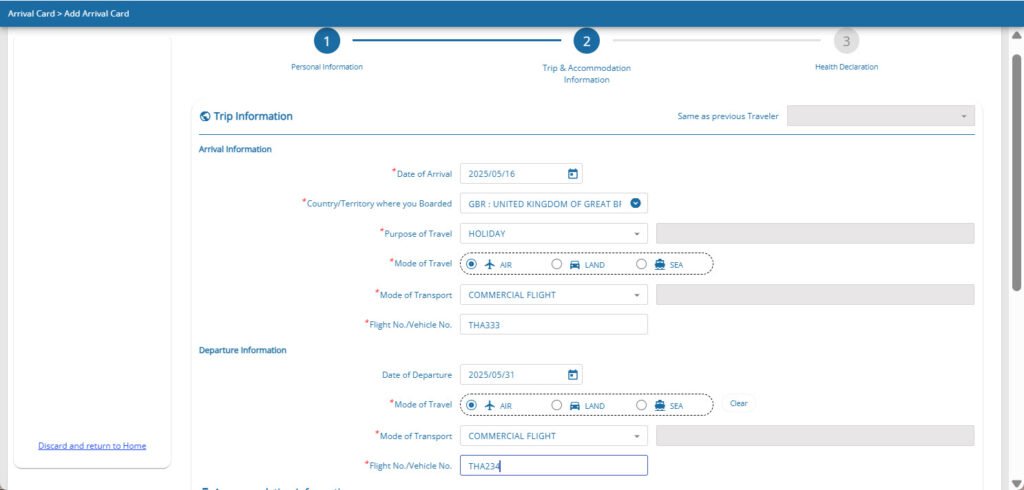 Thailand Digital Arrival Card travel details