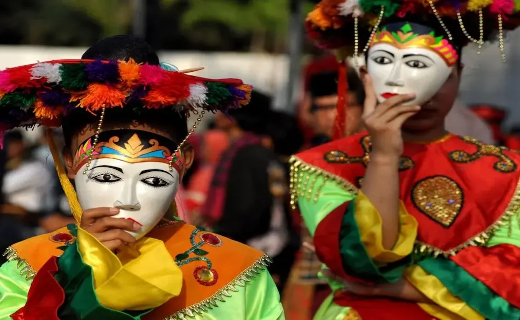 Betawi mask dancers are preparing to take part in a cultural festival in Jakarta, Indonesia