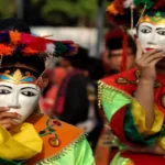 Betawi mask dancers are preparing to take part in a cultural festival in Jakarta, Indonesia