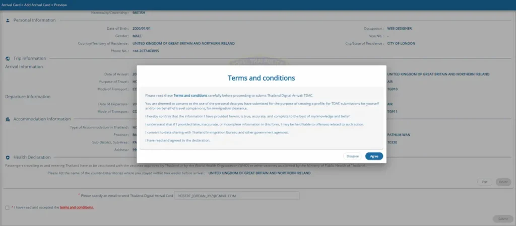 Thailand Digital Arrival Card terms and conditions